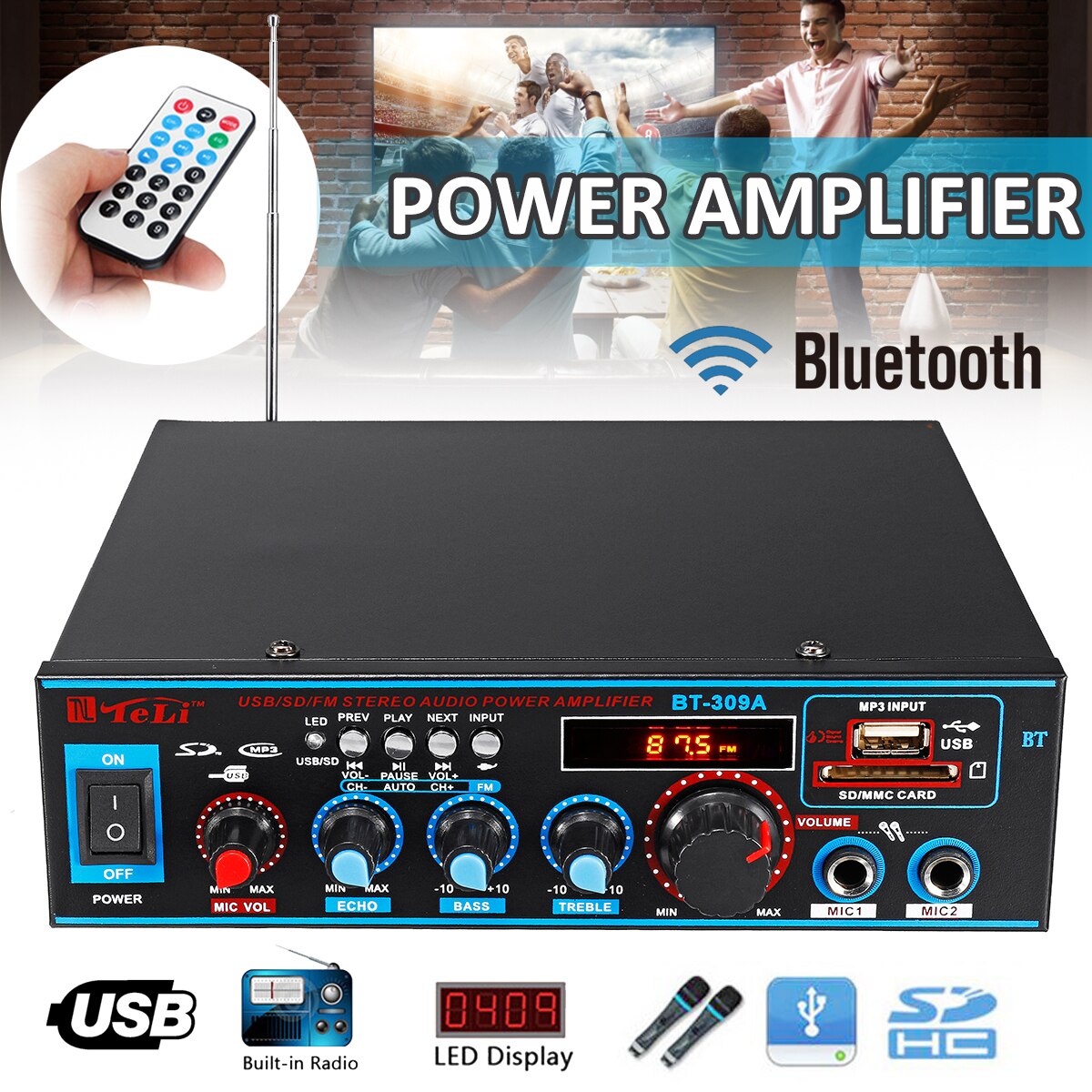 12V/220V HIFI Audio Stereo Power Amplifier bluetooth FM Radio Car Home Karaoke