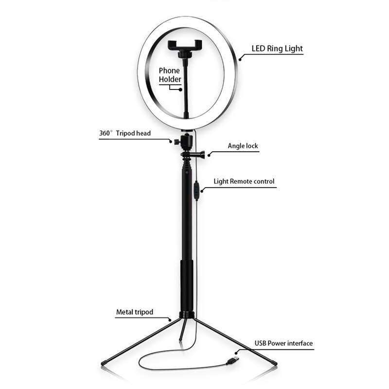26Cm Photography Led Selfie Lighting Light with Selfie Stand Tripod & Usb Plug Dimmable for Makeup Video Live Studio