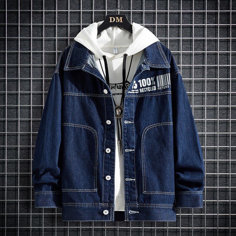 Autumn Winter Jean Jacket Mens Dark Blue Single-breasted Casual Denim Jacket Male Letter Printing Thicken Youthful Loose Jackets