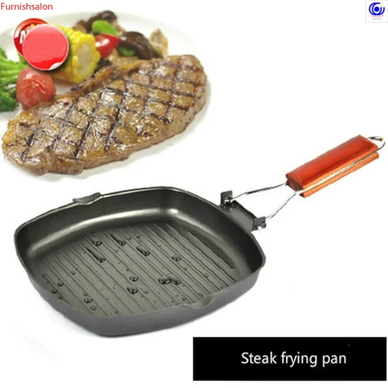 Stekpanna med dubbel botten, universaljärn, utomhus, hopfällbar non-stick-panna, stekpanna med randig hushållsstekpanna