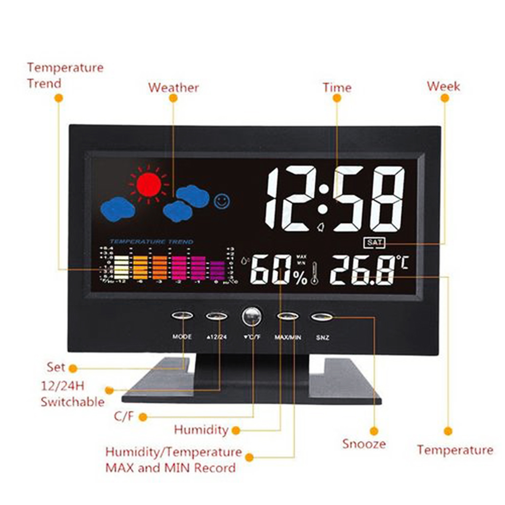 Réveil numérique avec écran LCD couleur, Station météo, affichage de la température, de l&#39;humidité et de la Date, avec port USB