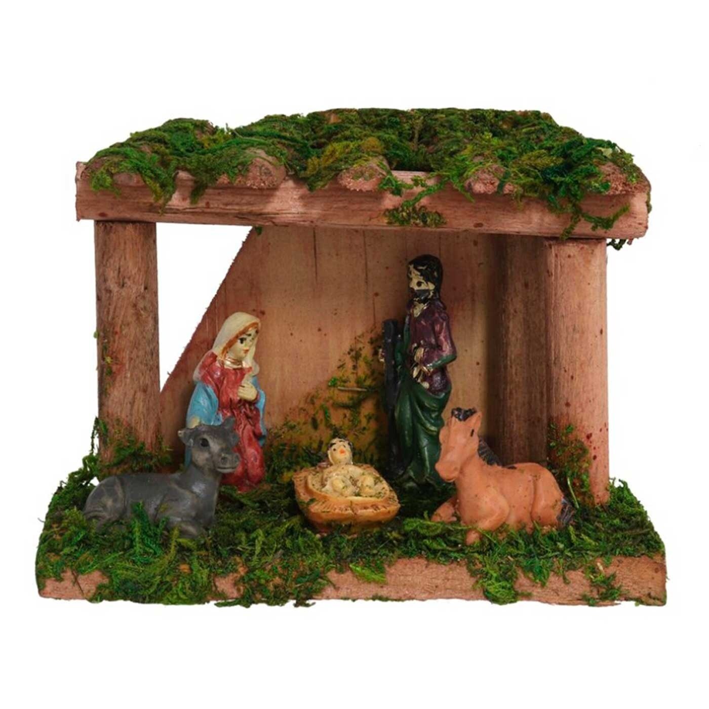 Portal de belén, cueva con figuras del nacimiento 8,5 x 12 x 5 cm, niño Jesús, virgen María, José, buey y mula, pesebre belén n