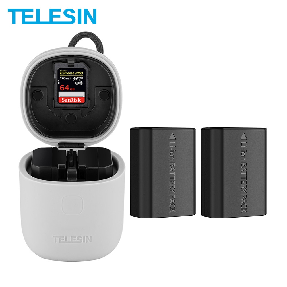 Telesin 2 pack np -fz100 battery  + 3 in 1 dual slots charger sd card reader oppbevaringsboks for sony  a9 a7 m 3 a7 r 3 a7 r 4 a7r iii ilce -9