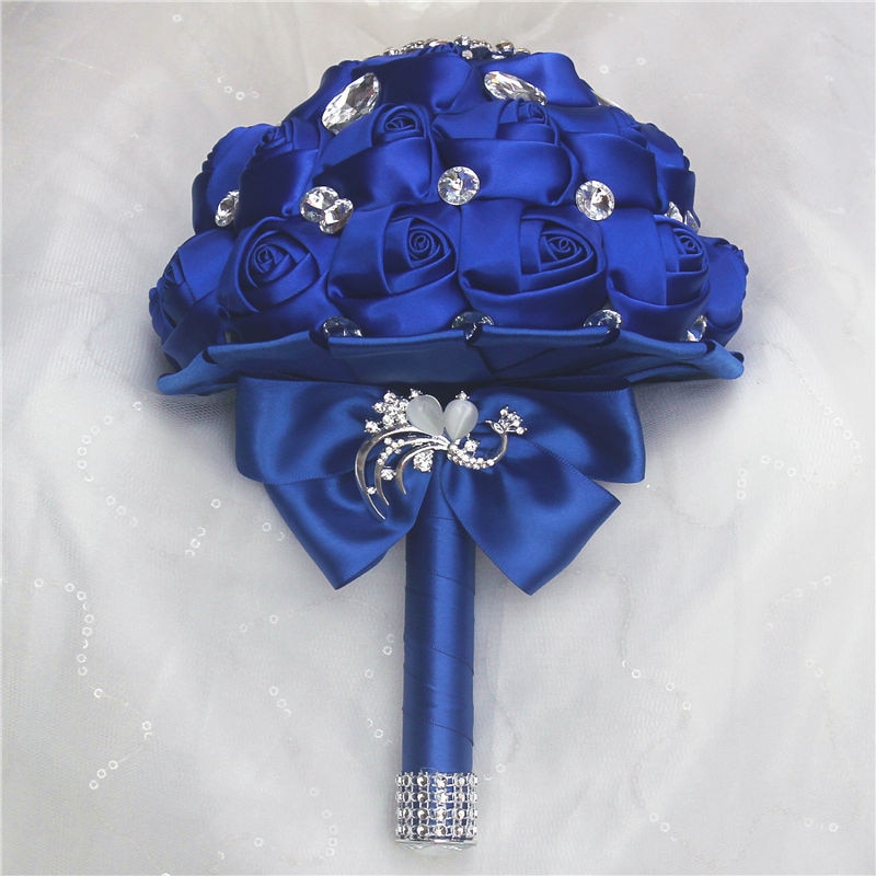 Wifelai-Een Prachtige Bruiloft Bloemen Royal Blue Zijden Lint Rose Bruidsboeketten Holding Bloemen Met Crystal Buque De Noiva w291