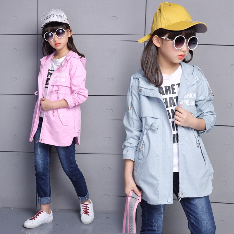 Teenager Spring Autumn Girls Trench Coat Hooded Jacket Long Cardigan Kids School Clothing Casual Outwear 3-14 Age
