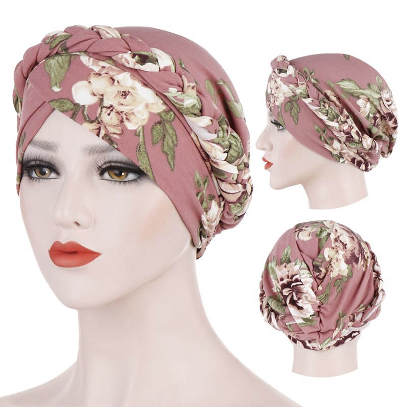 Turbante trenzado para mujer, pañuelo para la cabeza de algodón con estampado de flores, gorro, gorro cruzado para la frente, sombrero africano, listo para usar hijab musulmán, novedad de