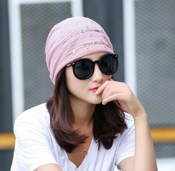 Lace Striped Rhinestones Beanie Hats For Women Casual Diamond Turban Bonnet Caps Female Thin Skullies E Gorros Mulheres: Pink