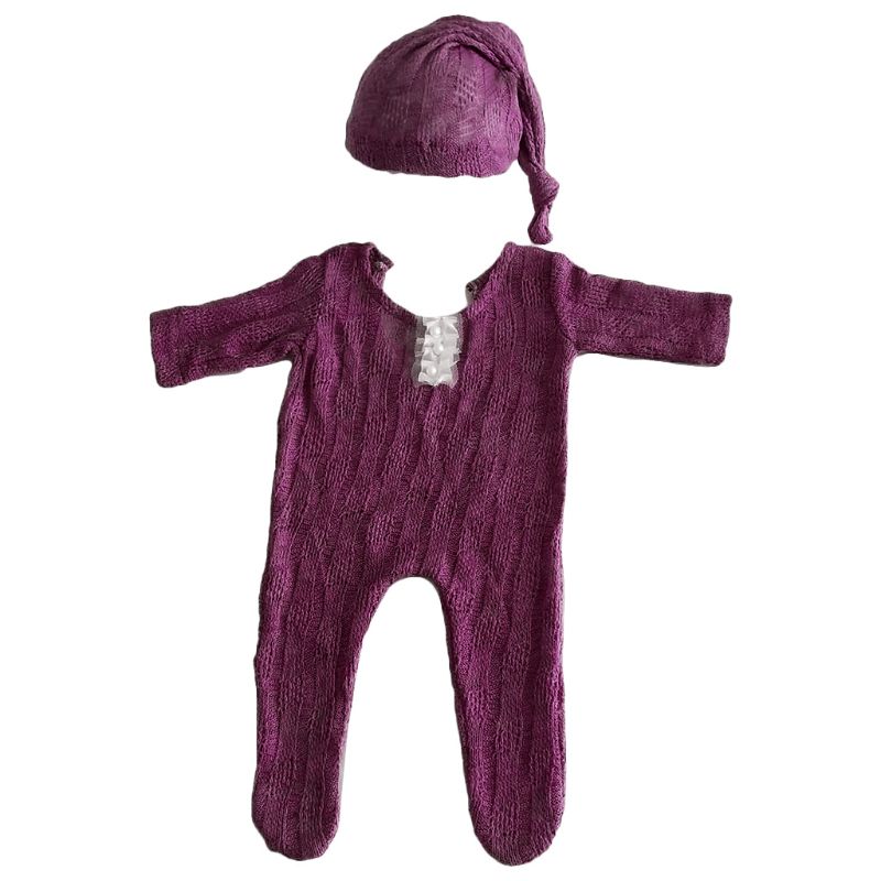 2 Stuks Pasgeboren Fotografie Props Pak Romper + Hoed Set Lange Mouw Jumpsuits Bodysuit Handgemaakte Knit Outfit Kleding Zuigelingen Douche: Paars