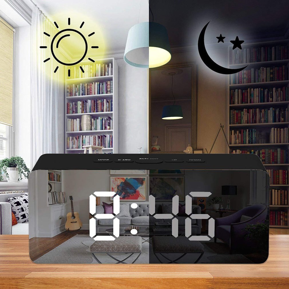 LED Temperature Display Digital Mirror Alarm Clock With Snooze Time Adjustable Brightness For Bedroom Office