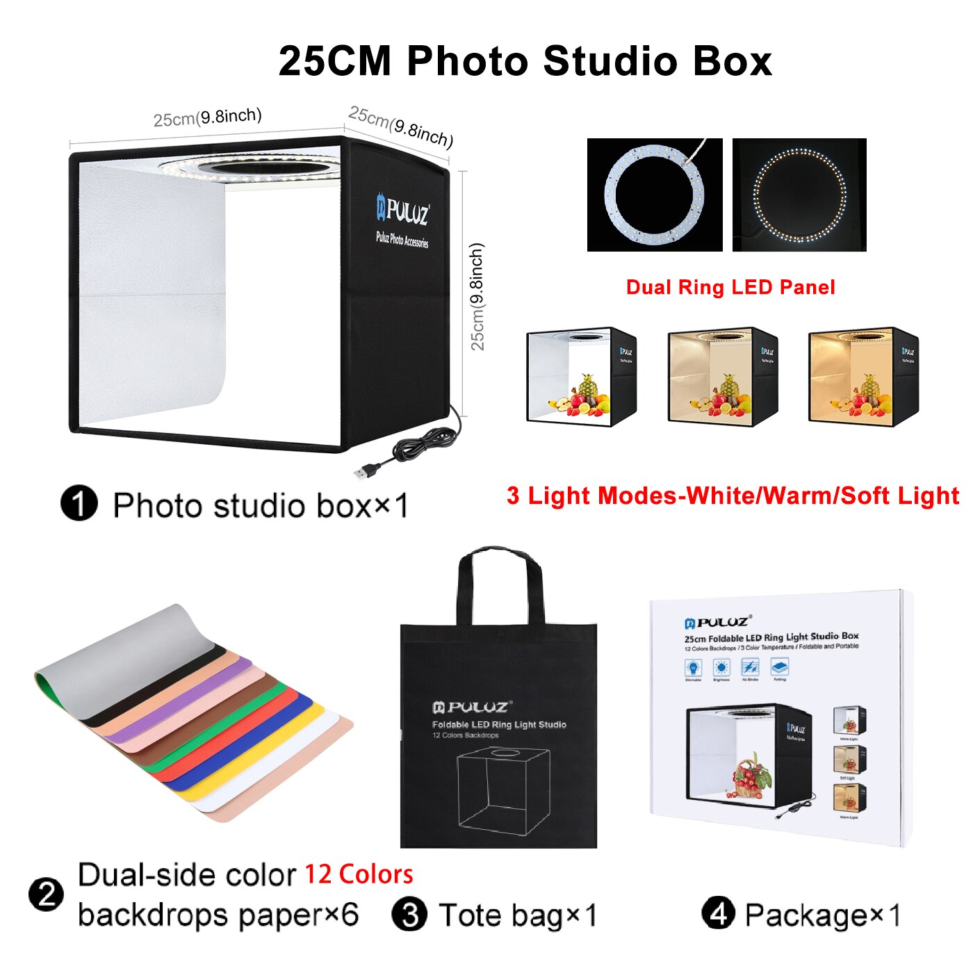 Puluz Mini caja de estudio fotográfico portátil Kit de anillo LED 3 modos de luz Softbox con fondos de 6/12 colores,Caja de luz de fotografía plegable de 25 cm / 30 cm / 40 cm, caja de tiro para fotos: 25cm New Version