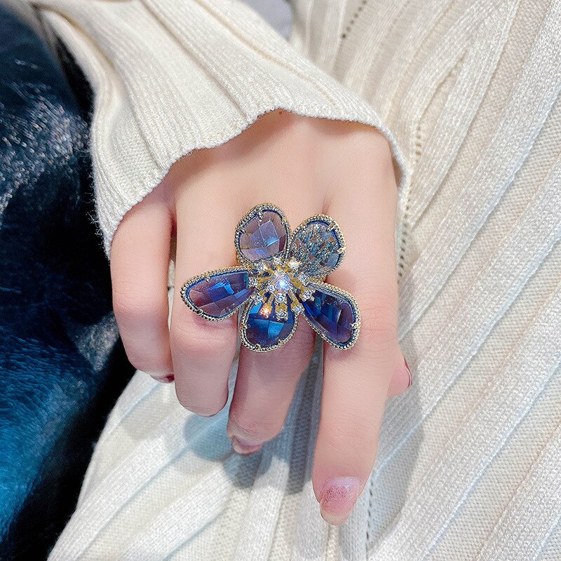 Anelli di fiori eleganti per le donne anello di cristallo floreale alla moda coreano anello di fidanzamento nuziale per gioielli di lusso da sposa regali per ragazze: Blue