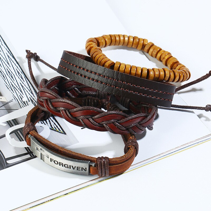 4 pçs feito à mão trançado multicamadas pulseira de couro para homens perdoados cruz wrap pulseira de jóias