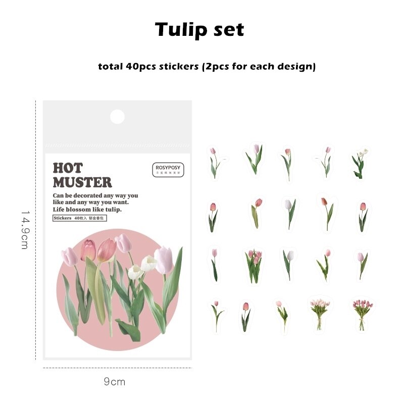 40pcs Muster Stickers Set Tulip Daisy Rose Flower Bear Angel Post Note Sticker DIY Decoration Adhesive Diary A6184: Tulip set