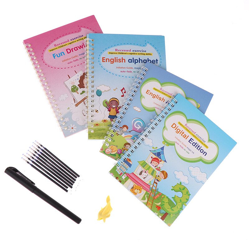 4 Boeken/Sets Van Kinderen Magische Boeken, Herbruikbare 3D Kalligrafie Copybooks, Engels Nummer Belettering Magic