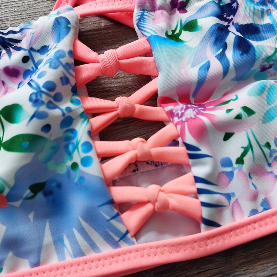 5-14 jahre Mädchen Badeanzug Aushöhlen Teenager Mädchen Bikini einstellen tropisch Blume freundlicher Bademode Mädchen Badeanzug beachwear