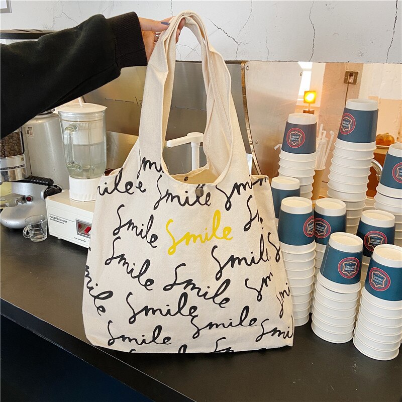 Einkaufstasche aus canvas mit smiley-schriftzug, große schultertasche aus baumwollstoff für damen, strandtasche: 2