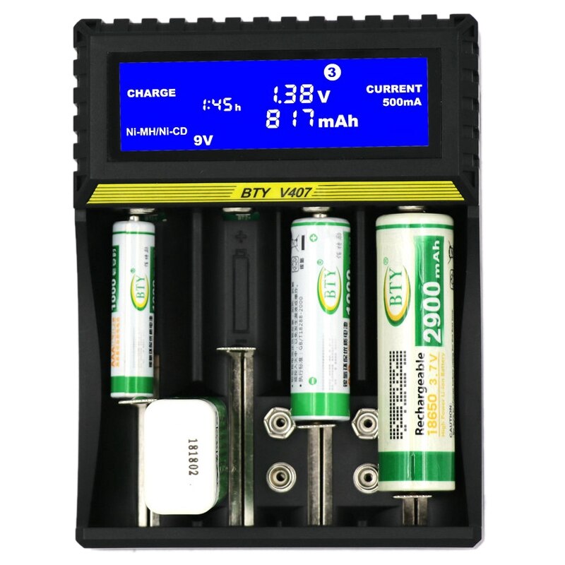 Bty -v407 batterijlader li-ion li-fe ni-mh ni-cd slimme snellader voor 18650 26650 6 f 22 9v aa aaa 16340 14500 batterijlader