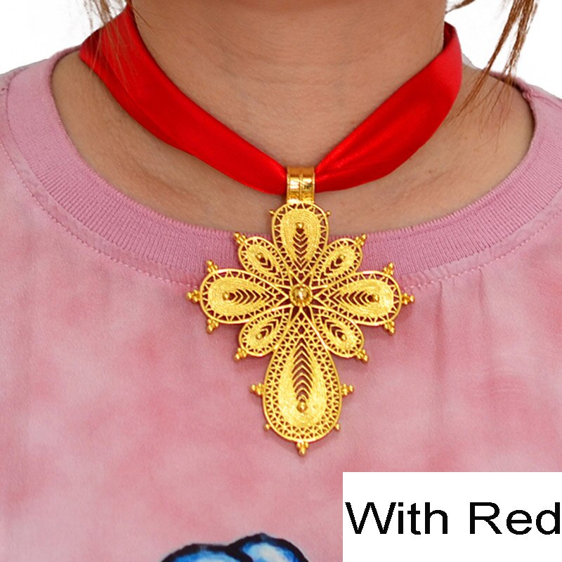 Anniyo Ethiopian Cross Pendant DIY Rope Chain for Women Girls,Gold Color Eritrea Jewelry African Crosses #217006: Red