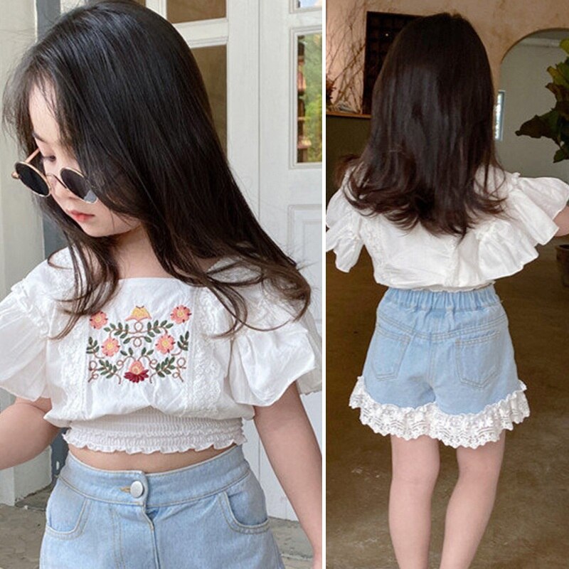 ♕s Sweet Girl Shirt Embroidery Lace Shirt Short Top Childrens Clothing