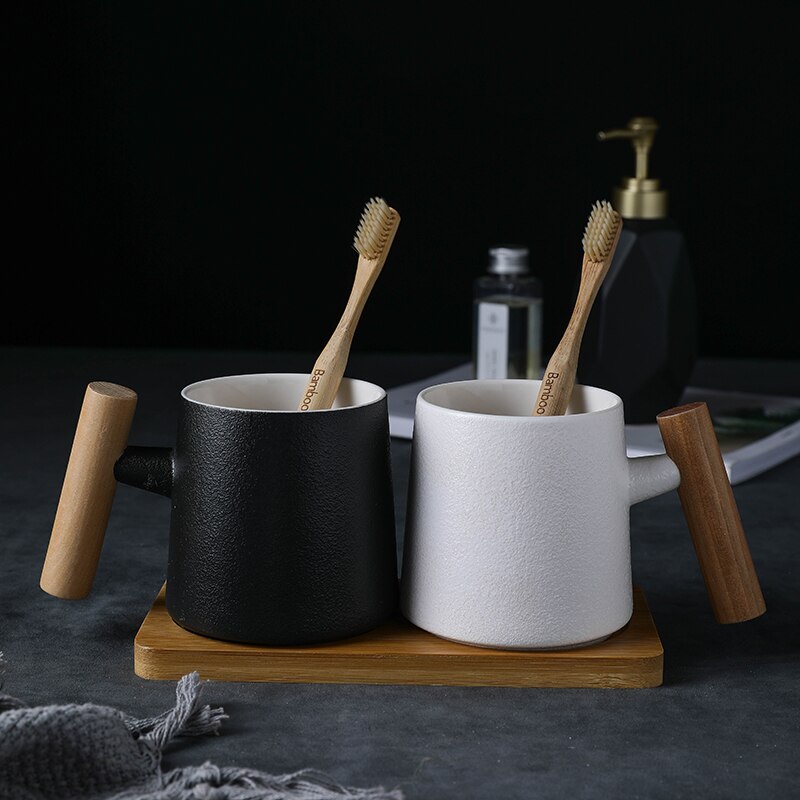 Juego de tazas de boca de cerámica con mango de madera, accesorios de decoración para el baño, hogar, Hotel, 3 unidades