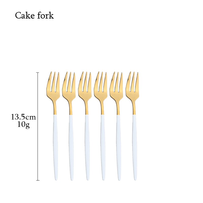 6Pcs White Gold Cutlery Set Stainless Steel Dinnerware Set Spoons Tableware Forks Cutlery Flatware Set Knives Spoons Mirror: Cake fork