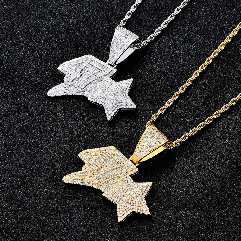 Iced Out Glück Zahlen 47 Stern Anhänger Halskette Mit Kette 2 Farben AAA Zirkon Herren Halskette Hip Hop Schmuck