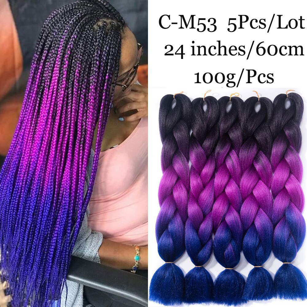 24 tum ombre fläta hår syntetiskt virkat hårförlängning jumboflätor hår rosa röd blå gul 5 st/lot 100g/ st: C -m53