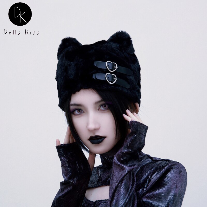 Harajuku Punk Gothic Cat Ear Women Hat Black Berets Autumn Winter Warm Heart Buckle Hat Kawaii Girls Streetwear Y2K Accessories