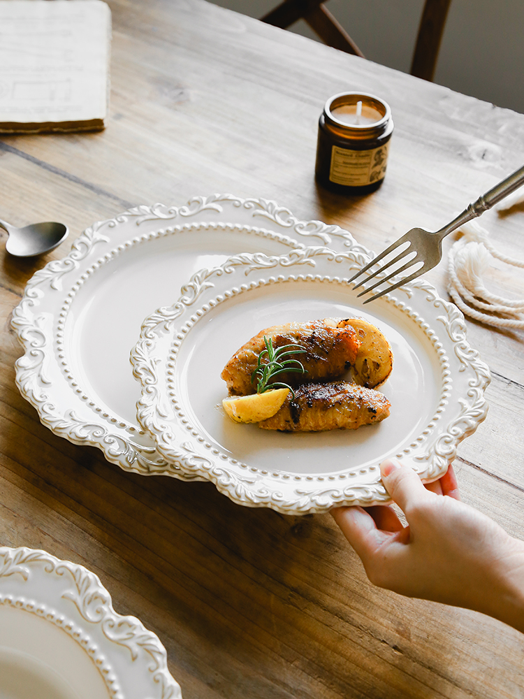 European Tableware Western Dinner Plates Soup Bowl Ceramic Dinner Plate French Baroque Retro Embossed Palace Style Plates