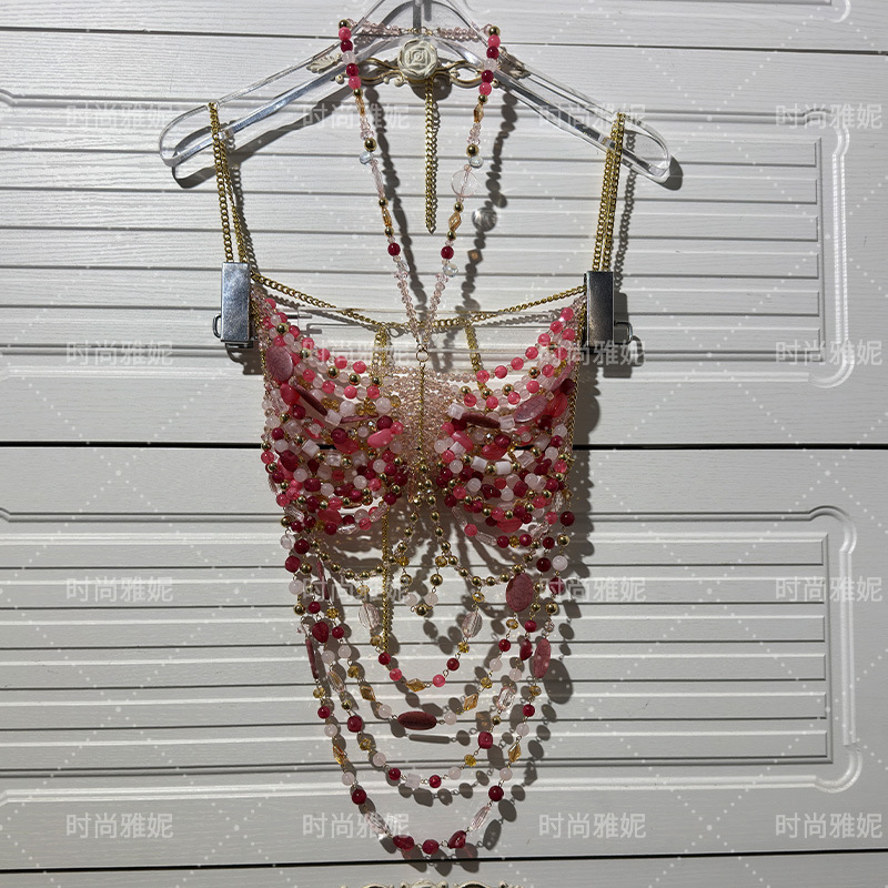 Sexy Women Handmade Turquoise Lavender Multi Stone Bead Body Chain Bikini Bra Hlater Romantic Tank Top Beachwear Lingeie
