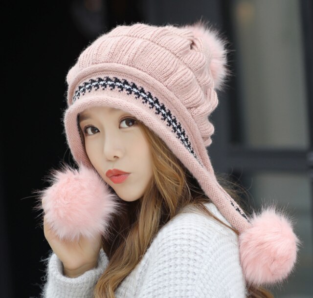 Damesmuts herfst/winter wollen muts drie wollen bolletjes rug open gebreide muts plus fluwelen dikke gebreide muts gratis verzending: Roze