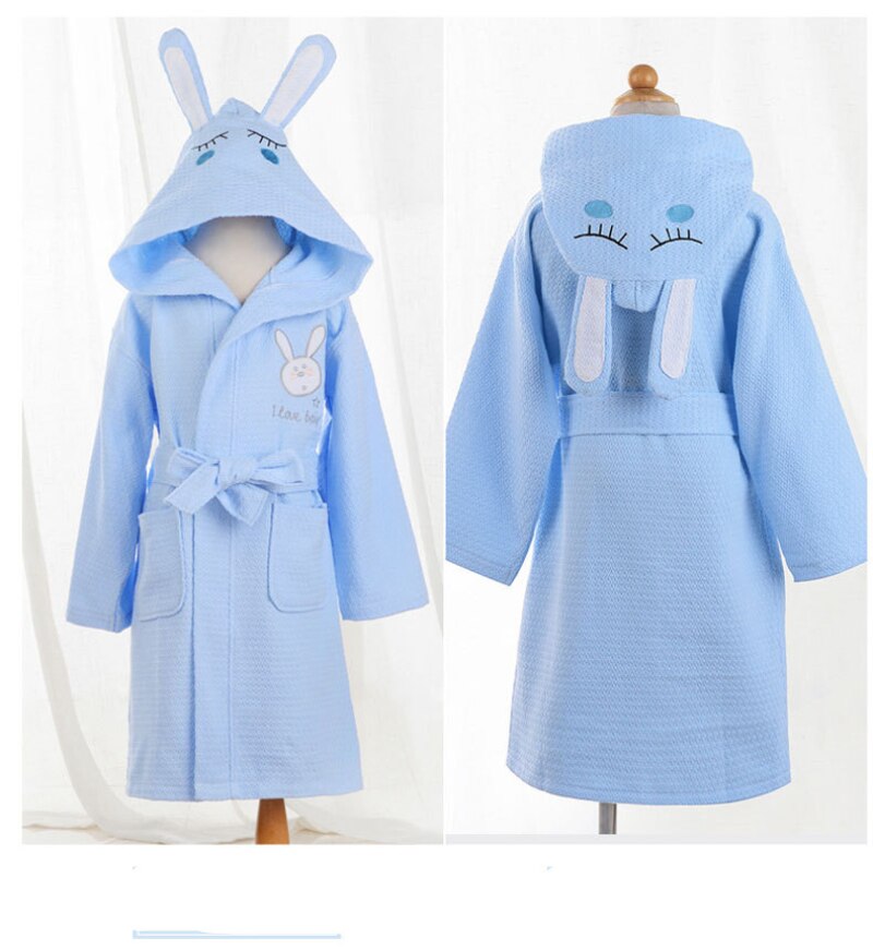 4 Color Girl Summer Cotton Bathrobe Waffle Hooded Children Robe Boys Dressing Gown Kids Roupao After Spa Bath Swimming L173: blue / 12A(130-140cm)