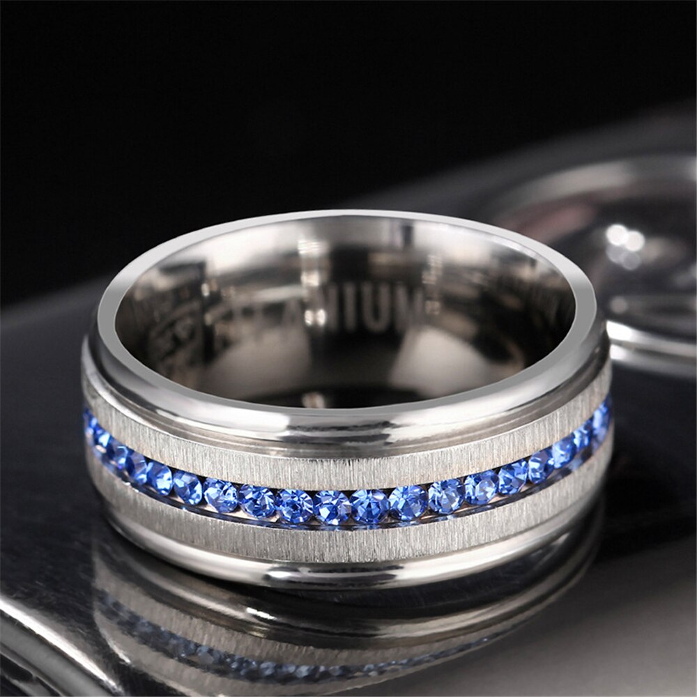 Loredana-Anillo de boda con tiras largas clásicas de 8mm para hombre y mujer, sortija de circón azul, joyería de acero inoxidable 316L