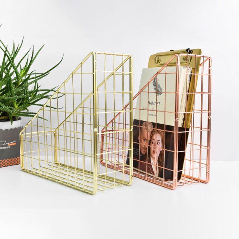 Rose Goud Electroplated Iron Boek Houder Desktop Plank Bestand Doos Tijdschrift Boek Stand Kantoor Thuis Briefpapier Organizer Houder
