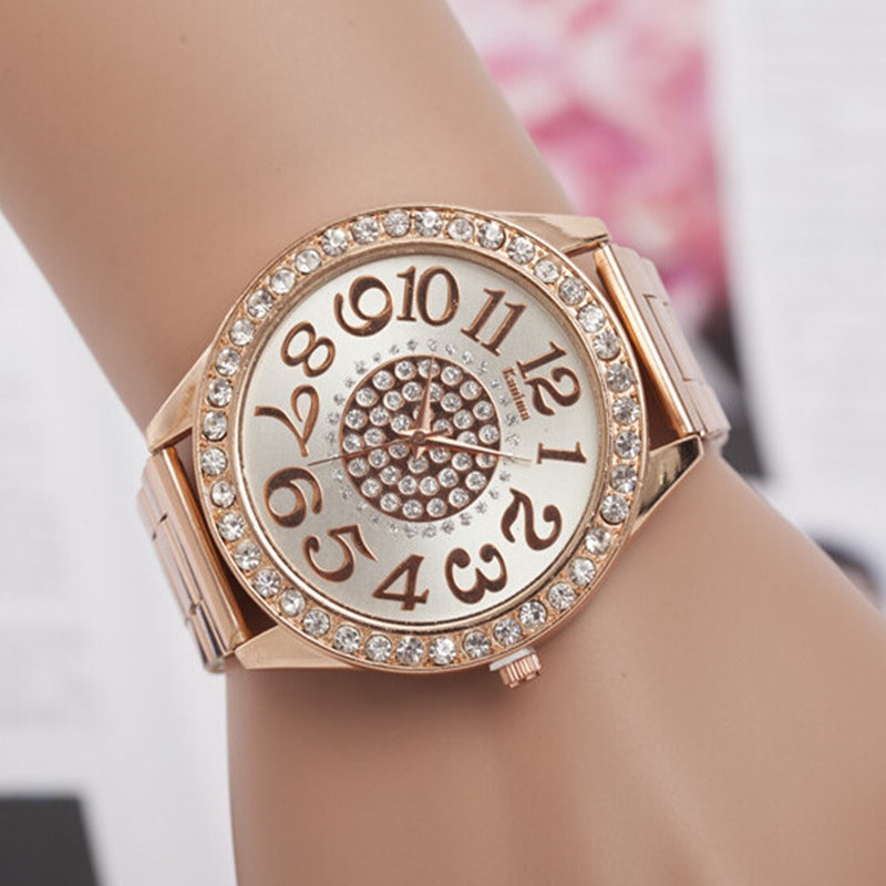 Dameshorloge luxe merk casual grote wijzerplaat quartz horloges roestvrij staal strass dames polshorloges