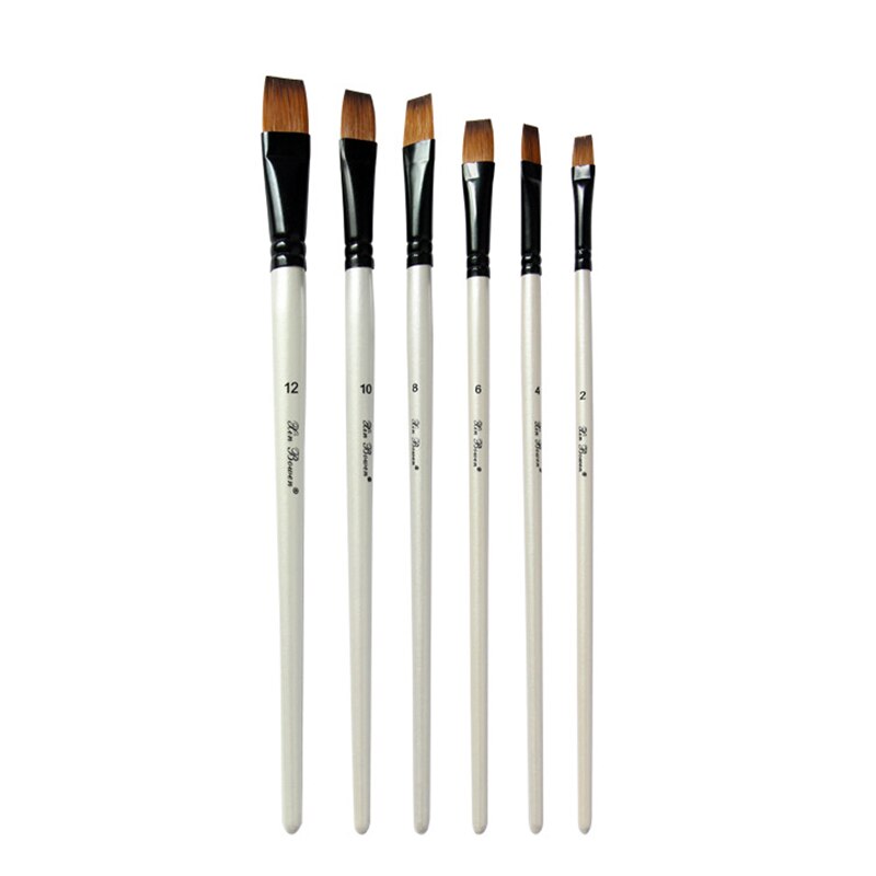 Pincel de pelo de nailon con mango de madera para pintura de acuarela, Pluma de tubo de aluminio, suministros de pinceles de arte, 6 uds.: Flat Top