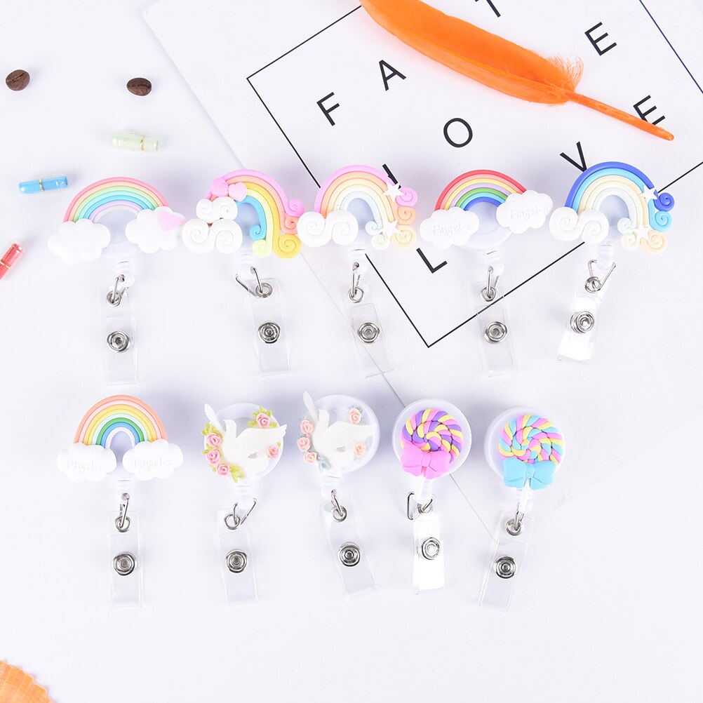 1Pcs Schattige Kleine Tag Kaarthouder Reel Voor Card Leuke Lolly Regenboog Intrekbare Badge Reel Id Card Clip Id badge