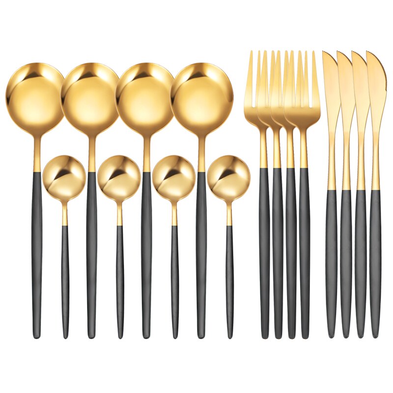 16Pcs/Set White Gold Cutlery Set Knives Forks Tea Spoon Dinnerware Flatware Stainless Steel Silverware Kitchen Tableware Set: 16 Pcs Black Gold