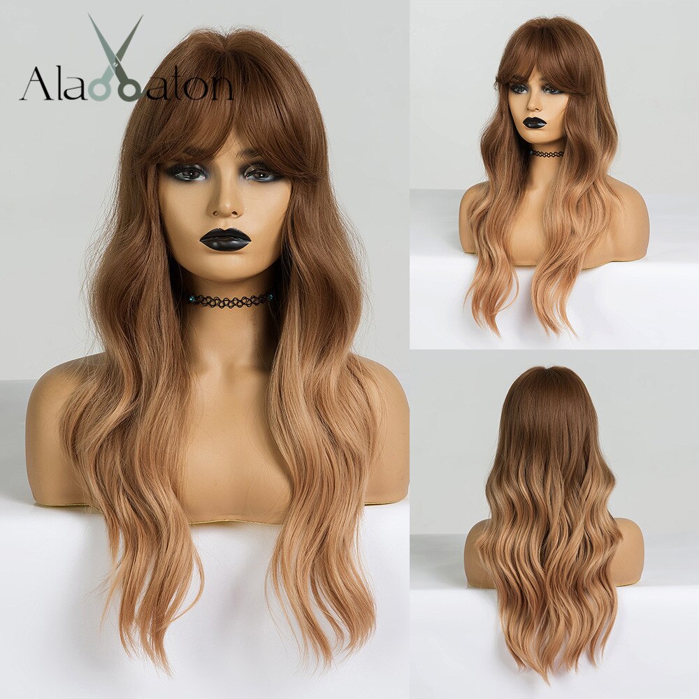 ALAN EATON Ombre Black Brown Long Wave Synthetic Wigs with Full Bangs For Black Women Heat Resistant Fibre Cosplay Party Daily: lc256-1