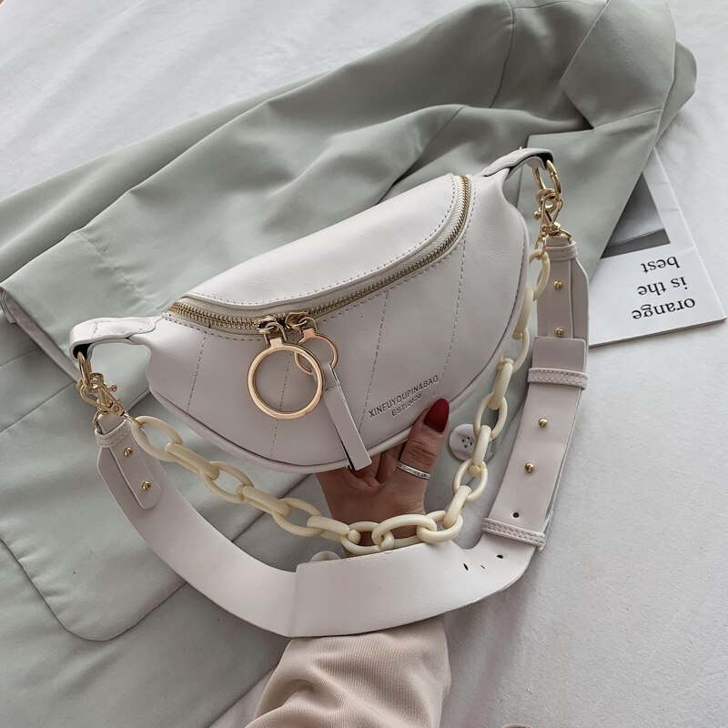 in Messenger Bag Women Hobos Letter Chains Single Shoulder Chest Pu Leather Handbag Wide Straps Day Clutches: Beige
