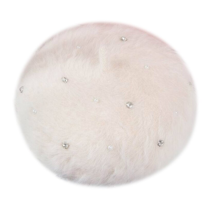 Vrouwen winter zachte pluche baret pet met strass parel kralen schilder muts  j78e: Beige