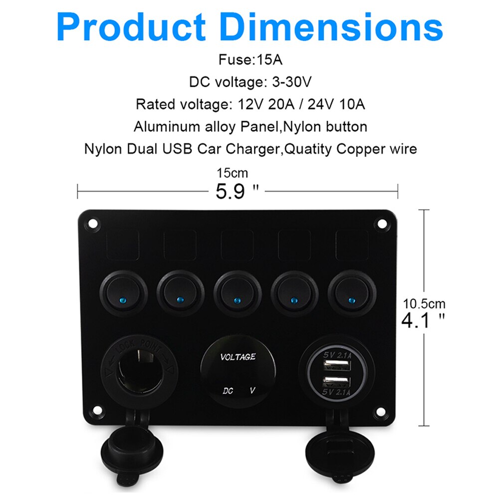 Multifunctional Dual USB Port 5 Gang Switch Panel Waterproof Switch Panel Stable Marine Boat Switch Panel LED Rocker