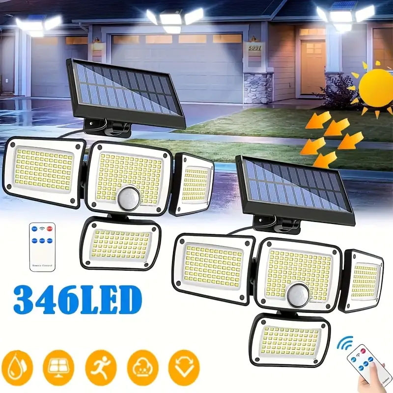 Solar buitenverlichting met 346/342 led's en 4 koppen, inclusief bewegingssensor, breedstralende beveiligingsschijnwerpers voor buiten, tuin, garage en parkeerplaats.