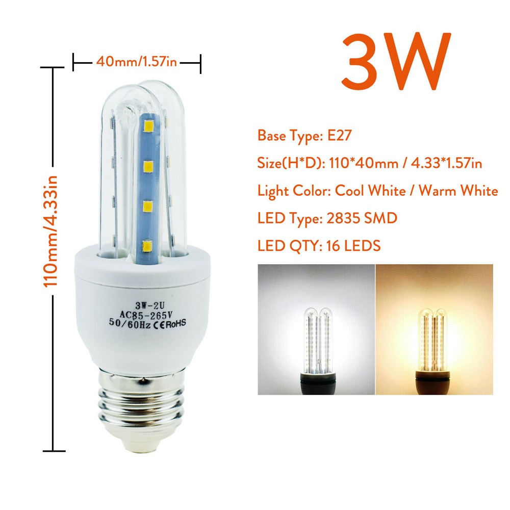 3W 5W 7W 9W 12W ahorro de energía E27 bombillas LED de maíz tubo en U luces de inundación de neón fluorescentes 220V 110V lámparas para el hogar 360 ° Iluminación: Blanco / Azul