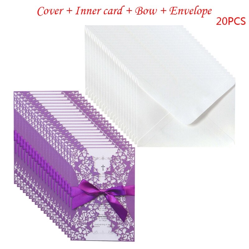20pcs Wedding Invitations Card Hollow Invite Envelopes with Ribbon Bridal Shower A9LB: purple