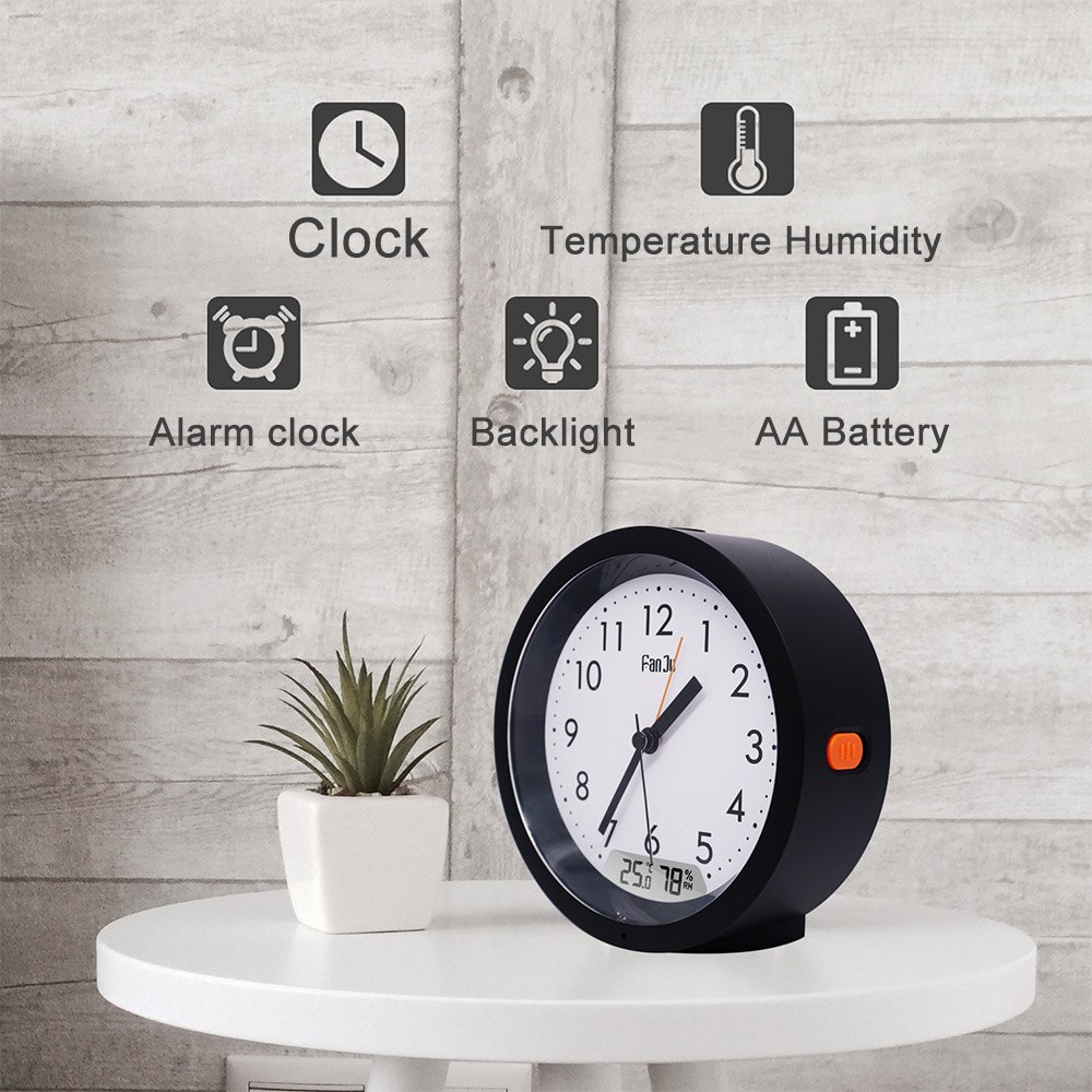 FanJu – réveil avec rétro-éclairage automatique, horloge ronde classique, affichage de la température et de l&#39;humidité, pour le bureau, la Table de chevet, décoration de la maison, FJ5132