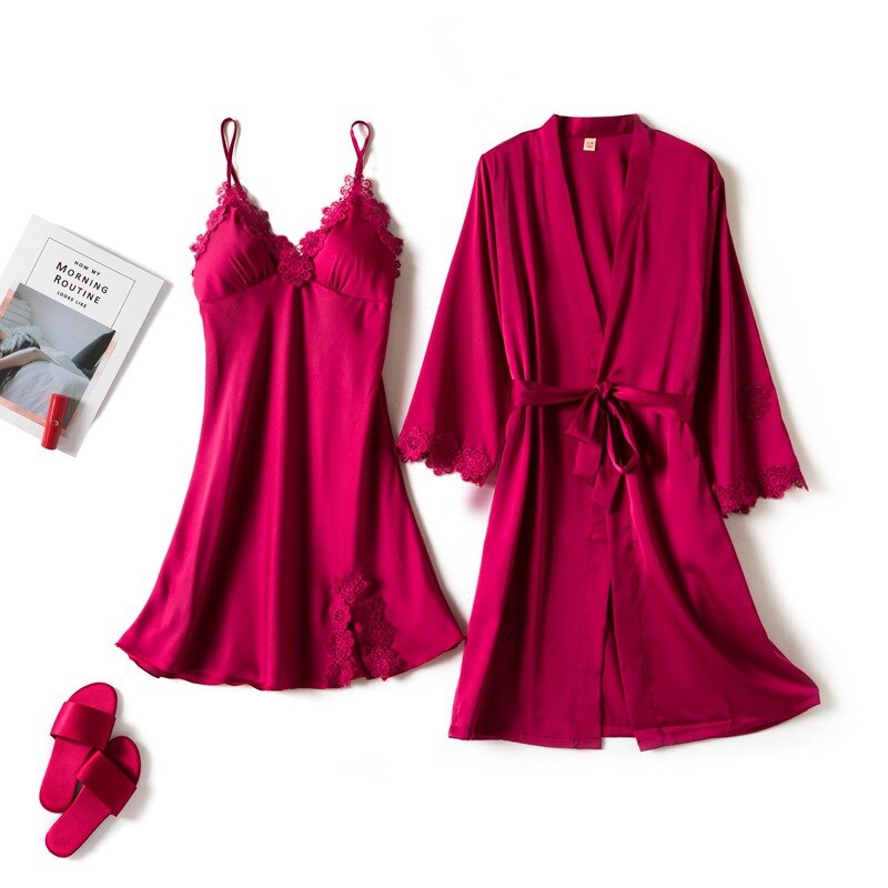 Vrouwen Sexy Intieme Nachtkleding Set 2 Stuks Nachtjapon Kant Zijde Lady Robe Set Brides Bruidsmeisje Wedding Robe Slaap Slijtage Jurk: Rood / Xl