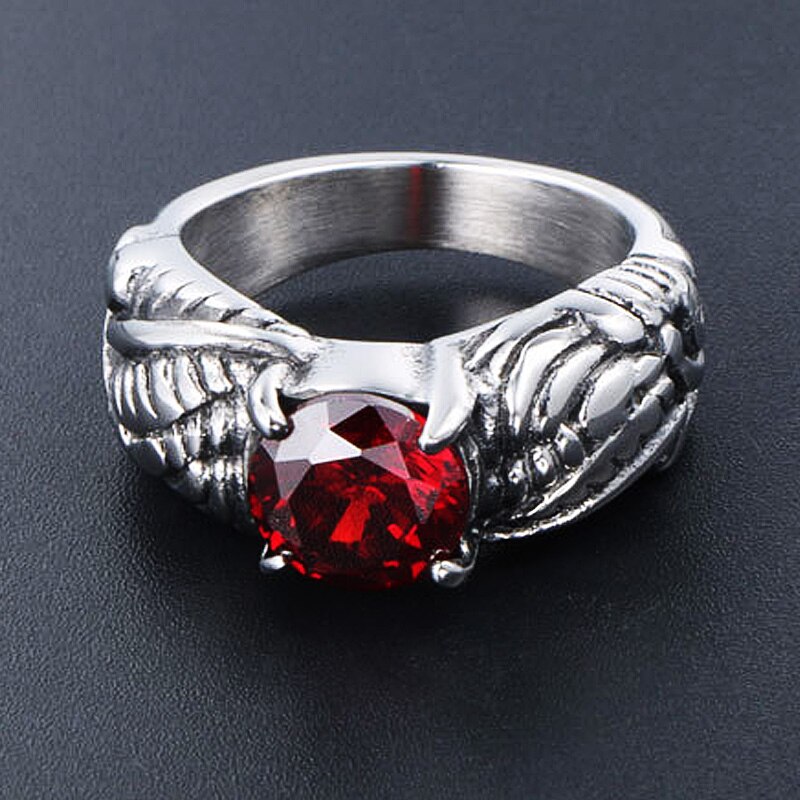 Classic Stainless Steel Red Stone Ring Vintage Silver Color Sculpture Pattern Rings for Women Men Punk Style Jewelry