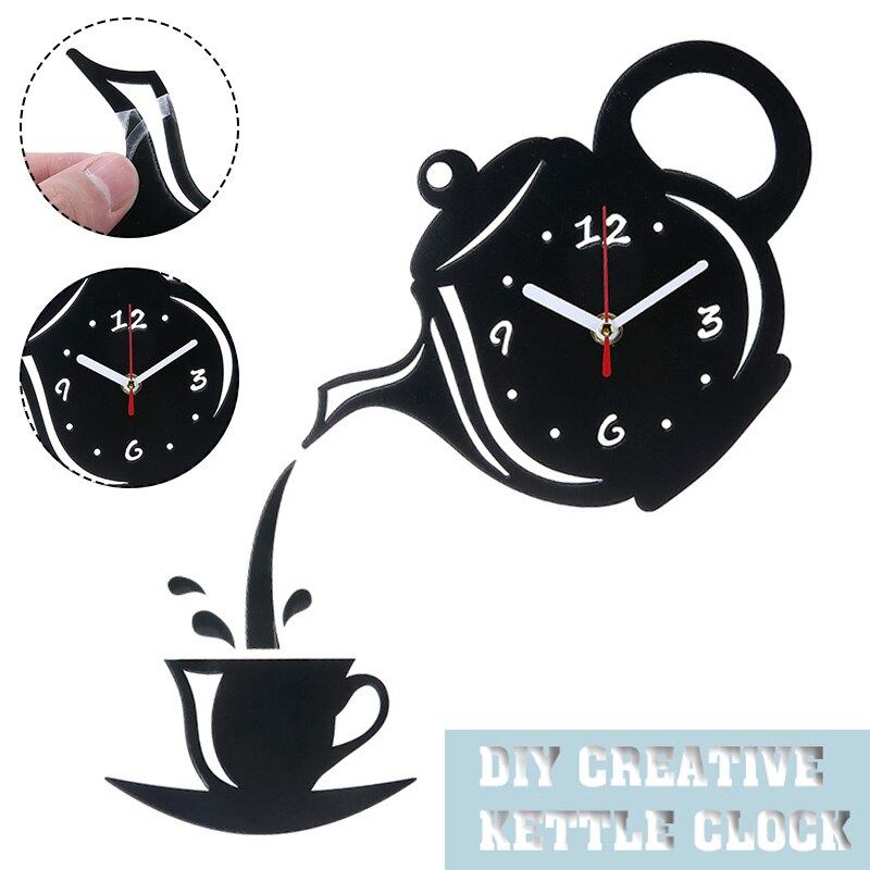 3D Acrylic Mirrors Teapot Clock Sticker Coffee Cup Teapot Wall Sticker Decal With Clock Movement For Living Room Wall Decor