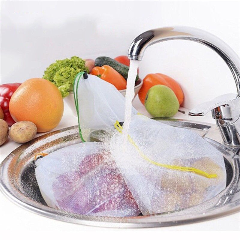 Bolsas de malla de algodón para verduras, bolsa de almacenamiento de malla de algodón reutilizable, para la compra de frutas y cocina, con cordón